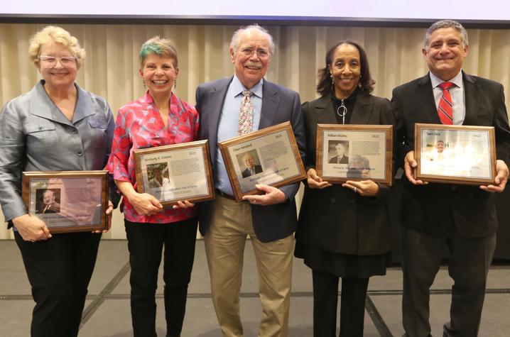 2023 Kentucky Journalism Hall of Fame inductees (left to right):  Mindy Fetterman representing the late John Fetterman, Kim Greene, David Kindred,  Nora Cole representing the late William Warley, and Sam Dick. 