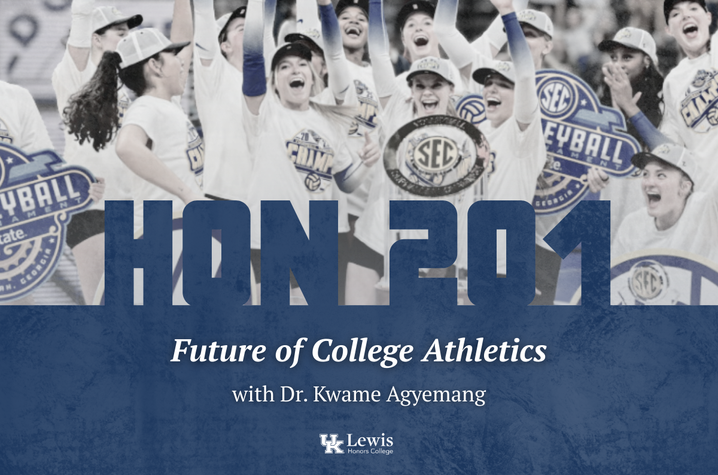 Promotion slide for Future of College Athletics Group of college athletes celebrating on a poster advertising a talk titled “Future of College Athletics.”