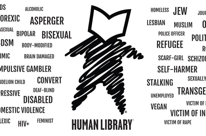 photo of multiple words describing types of people around illustration of a person with open book head