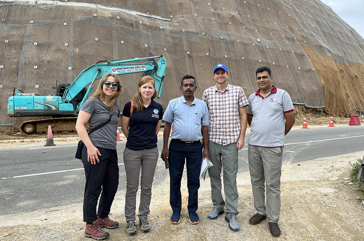 Large landslide mitigation project visit near Kandy, Sri Lanka. (Left to right:) Gina Belair (USGS), Corina Cerovski-Darriau (USGS), Laksiri Indrathilaka (NBRO), Matt Crawford (KGS) and Mahesh Somaratne (NRBO).