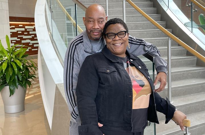 image of Delara and Donna Porter in front of steps in Chandler Hospital lobby