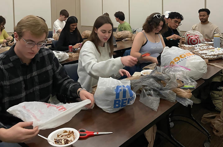 Students in the Sustainability Leaders Club make mats from recycled plastic bags collected in residence halls through the BBN Tackles Plastic initiative.