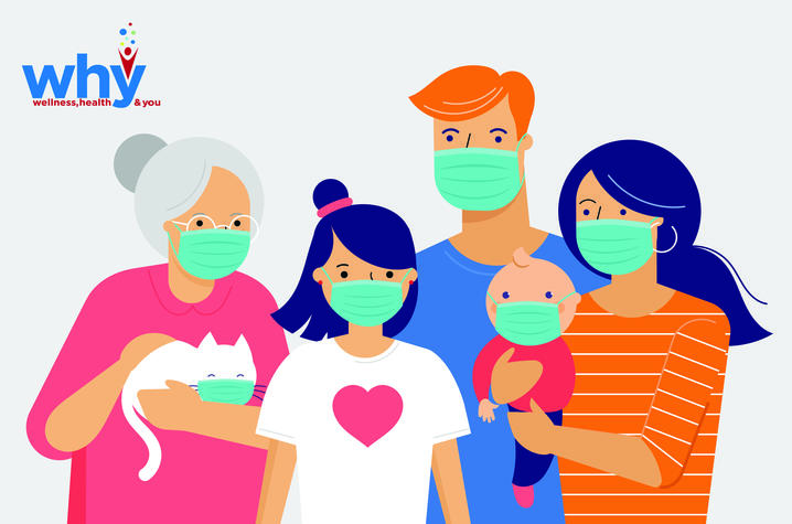Illustration of a family, grandmother, and cat wearing protective face masks 