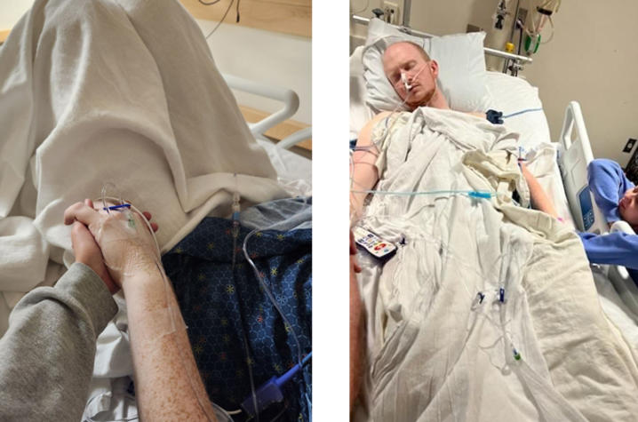 on the left, two hands holding in hospital bed. On right, Ashton watches Jacob sleep 