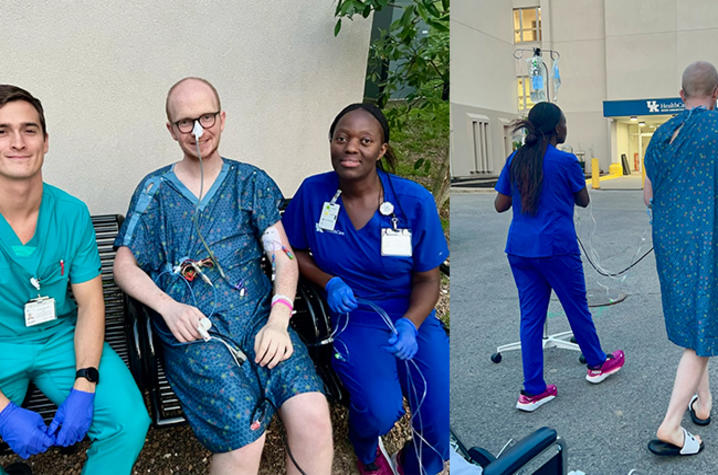 Two photos: on left, Jacob on bench with two members of his care team. On right, Jacob walks outside with a member of his care team.
