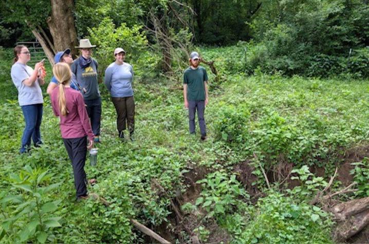 KGS geologist Meredith Swallom and summer 2025 Potter interns investigate a potential sinkhole at Mundy’s Landing in southern Woodford County. A group of people standing in a wooded area near an eroded creek bank.