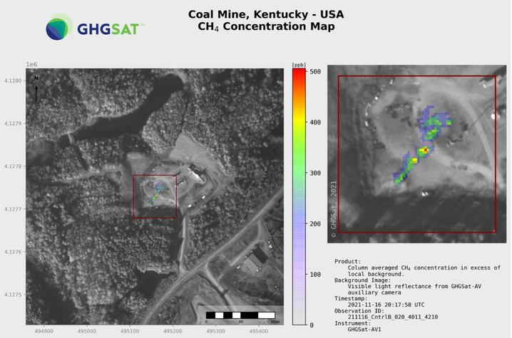 Airplane-based methane survey by GHGSat at the ventilation fan for Pride Mine in Muhlenberg County, Kentucky. 