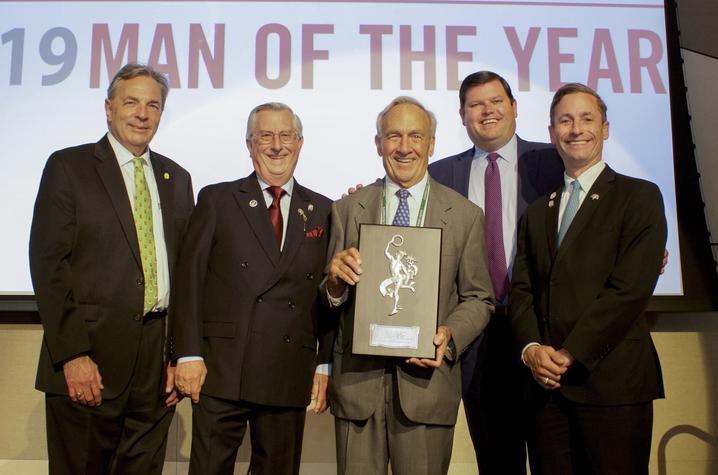 photo of From Left to Right: Kappa Sigma Executive Director Mitchell B. Wilson, Worthy Grand Treasurer Martin C. Petersen, 2019 Man of the Year James W. “Jim” Stuckert, Worthy Grand Master Justin A. Hansen and Endowment Fund Secretary Hugh M. Robert.