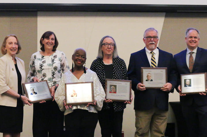 2024 Inductees pictured left to right: Sheldon Shafer (represented by two of his former coworkers), Betty Winston Bayé, Deborah Taylor Givens, Paul Prather and Peter Baniak. Not pictured: Elizabeth “Scoobie” Ryan, Kyle Vance.