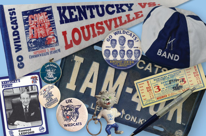 A collage of vintage University of Kentucky Wildcats memorabilia, including banners, buttons, tickets, a cap and a “IAM‑UK” license plate.