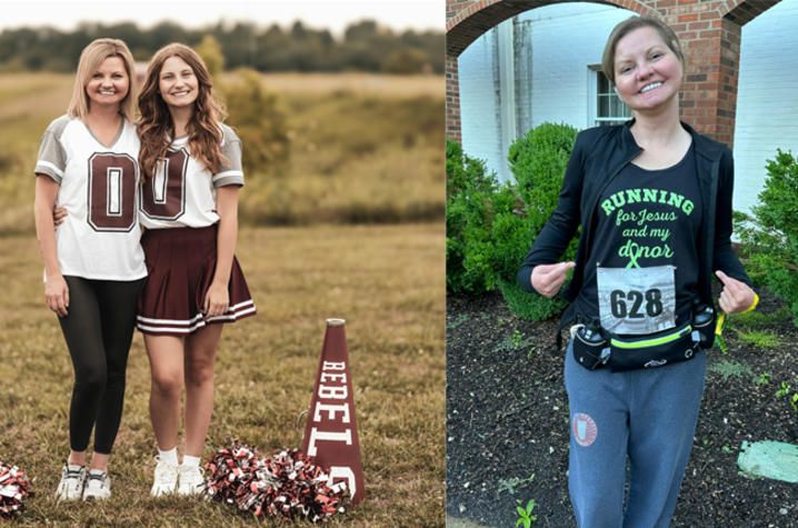 On left, with her cheerleader daughter. On right, running a race for her donor
