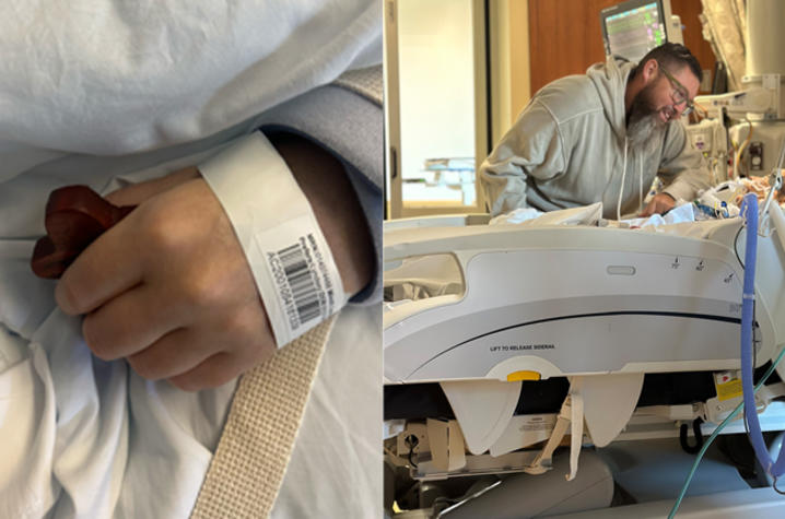 on left, Lyndsey's hand holding a cross. On right, Lyndsey in a hospital bed with her husband beside her.