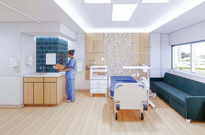 Architectural render of a patient room with soothing colors and natural light
