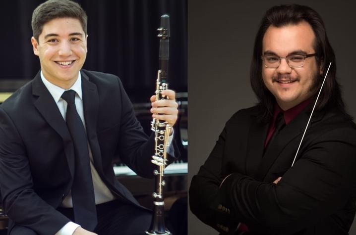 photos of Michael Robinson (with clarinet) and Logan Blackman (with baton)