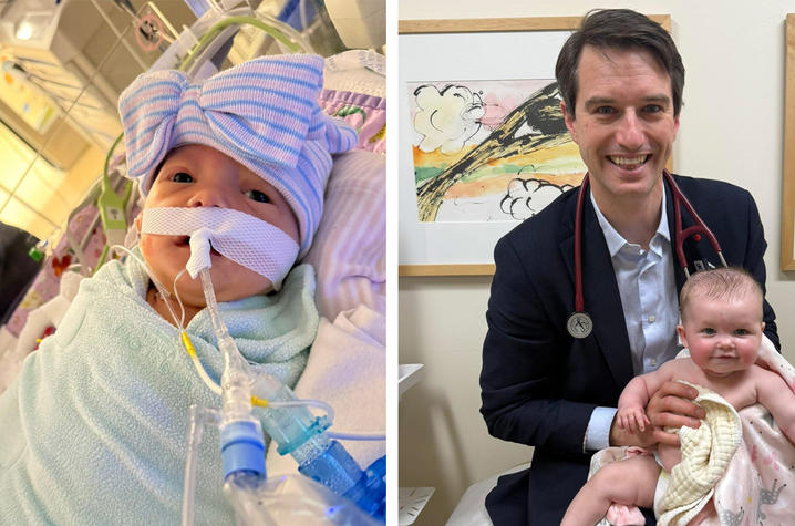 Photos of Millie Wiseman in the hospital and with Jess Randall. Side-by-side photos show an infant’s progress over time. The left image shows the infant in a hospital bed receiving breathing support, while the right image shows the infant sitting on an exam table during a follow-up visit with a clinician nearby.