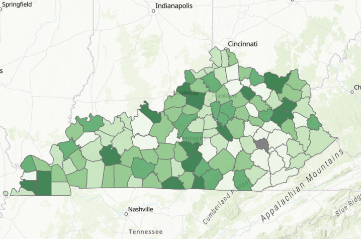 An image from the Kentucky Economic Opportunity map tool. Map of Kentucky counties shaded in varying shades of green, with several counties shown in gray or white.