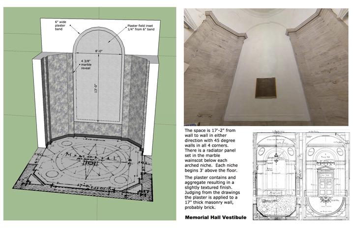 photo and drawing of vestibule spaces in Memorial Hall