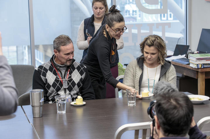 Photo of Taria Camerino (C) with Neurogastronomy Challenge judges Barry Warner and Erika Radhakrishnan