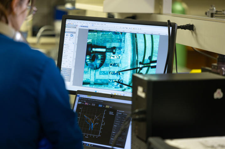 Paterson looks at a computer screen that shows a zoomed in version of a project she’s working on 