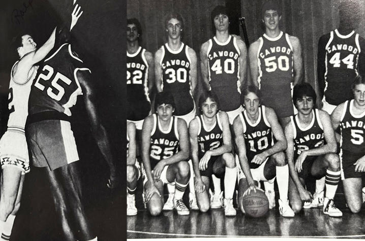 Black‑and‑white photos of a basketball game action shot and a team group photo of players in numbered uniforms.