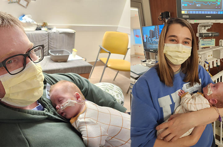 Composite image of baby Nolan with dad on left, and with mom on right