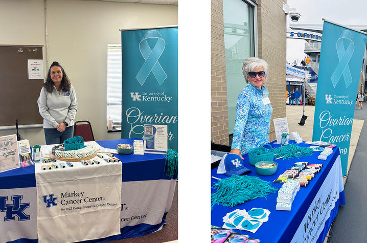 Two photos from ovarian cancer awareness events Two photos show University of Kentucky ovarian cancer outreach tables. Each table is decorated in blue and teal with ovarian cancer awareness ribbons, educational materials and giveaways, with a person standing behind the display.