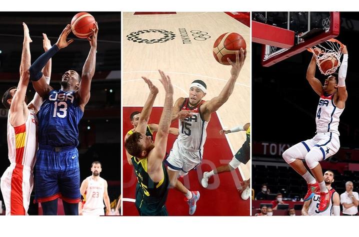 3 photos of Bam Adebayo, Devin Booker and Keldon Johnson playing basketball for Team USA at Olympics