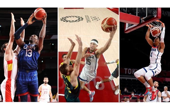 3 photos of Bam Adebayo, Devin Booker and Keldon Johnson playing basketball for Team USA at Olympics