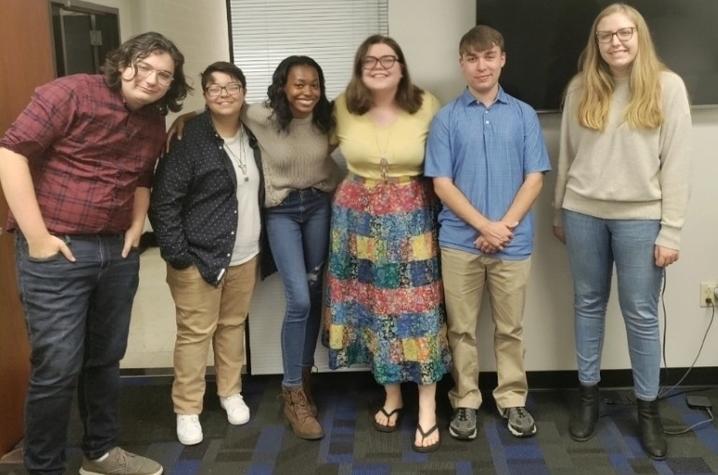 UK Public Forum Debate Team members (left to right): Cole Flaherty, Bryson Henson, Eriel Burns, Katie Humphries (PF Debate Coach), Caleb Waters, Caroline Koontz.