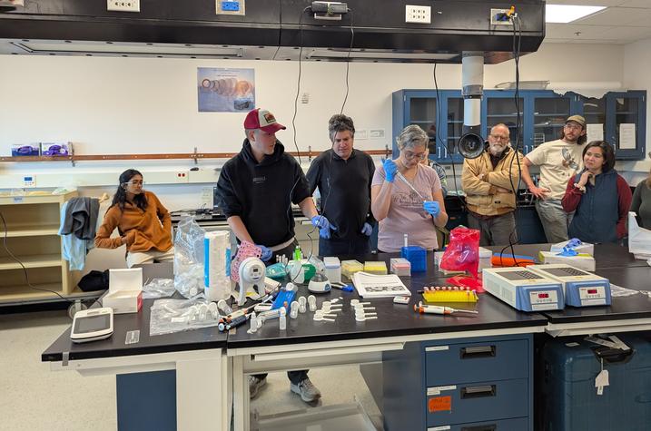 A group participates in a laboratory activity around a workbench covered with tubes, pipettes, containers and other equipment, while one person handles a small sample.