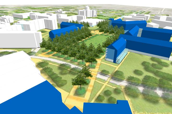 schematic of Kirwan-Blanding Complex area with proposed new residence halls and greenspace