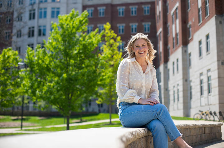 Deborah Myers pictured along south campus residence hall