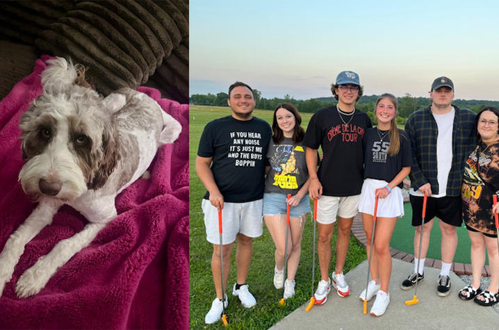 On left, Jen's dog Polly. On right, Jen's family on a golf course