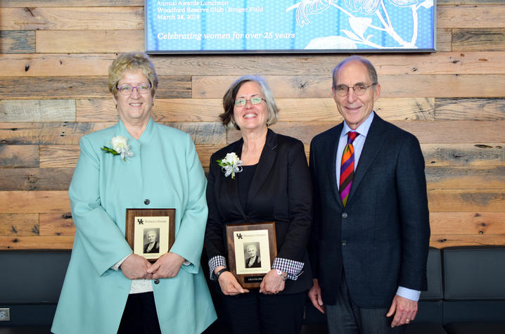 photos of 2018 Sarah Bennett Holmes Award winners Debra Moser and Lisa Collins with President Eli Capilouto.