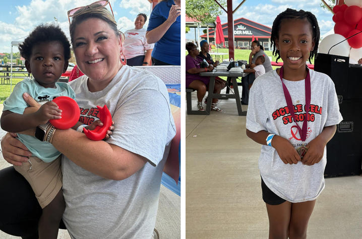 Array of images. On left, Andrea Haggard with patient. On left, image of smiling girl at annual KCH sickle cell picnic
