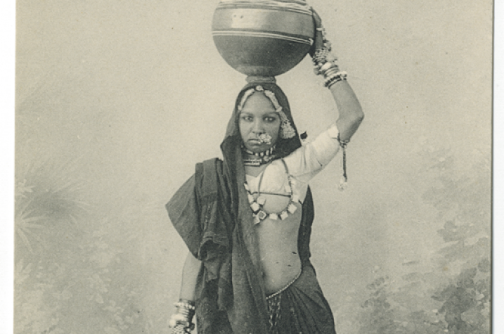 photo of postcard of a water maid from Jaipur, India, collected by Ellen Churchill Semple