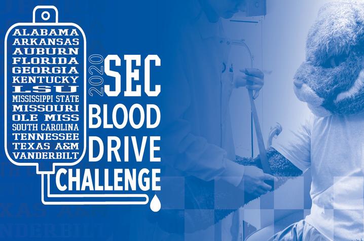 graphic showing Wildcat donating blood and the words "SEC Blood Drive Challenge" and a listing of all SEC schools.