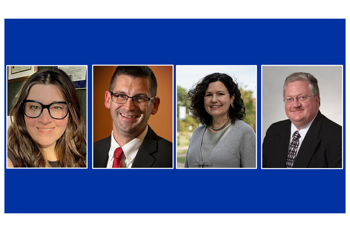 Photo collage of Meghan Pifer, Brian Noehren, Pearl James and Dolphus Dawson. Four professional headshots displayed side by side against a blue background.