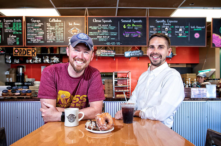 This is a photo of Joe Ross and Teddy Ray, UK Alumni and co-owners of North Lime Coffee and Donuts