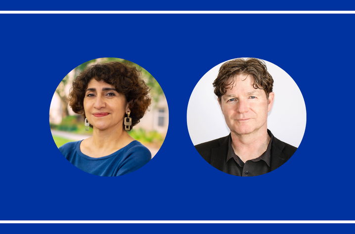 Two circular profile photos on a blue background with a white border; left shows a person in a blue top outdoors, right shows a person in a black collared shirt against a white background.