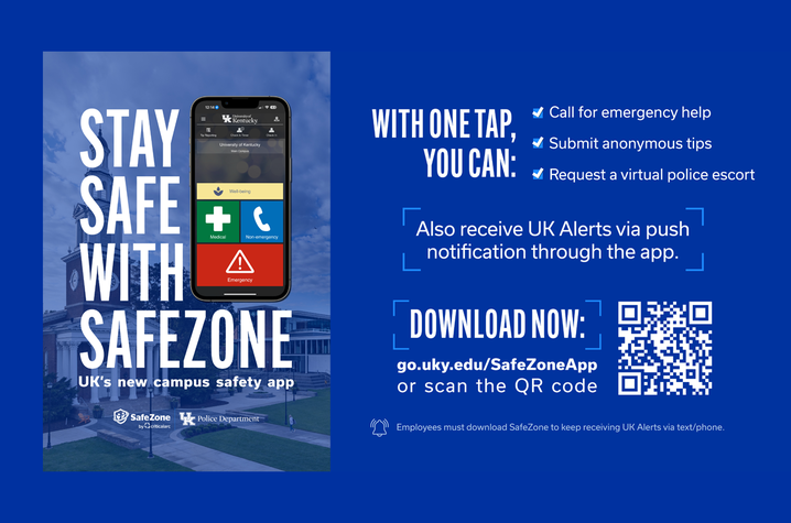 SafeZone graphic that says "Stay safe with SafeZone, UK's new campus safety app"