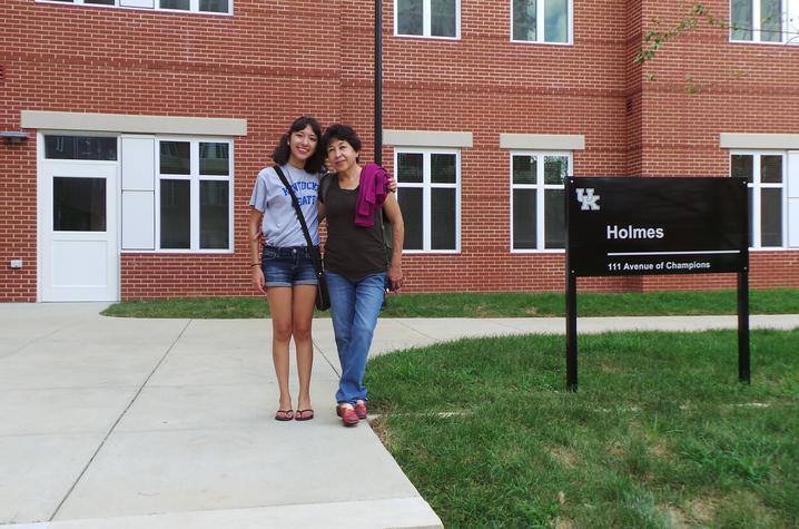 photo of Maria Sanchez and her mother outside Holmes Hall