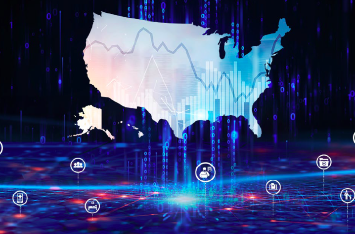 Map of United States with statistical graphic overlays. 