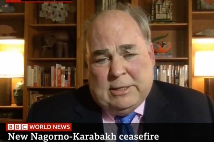 Screenshot of Ambassador and Patterson School faculty member Carey Cavanaugh interviewing live on BBC World News.