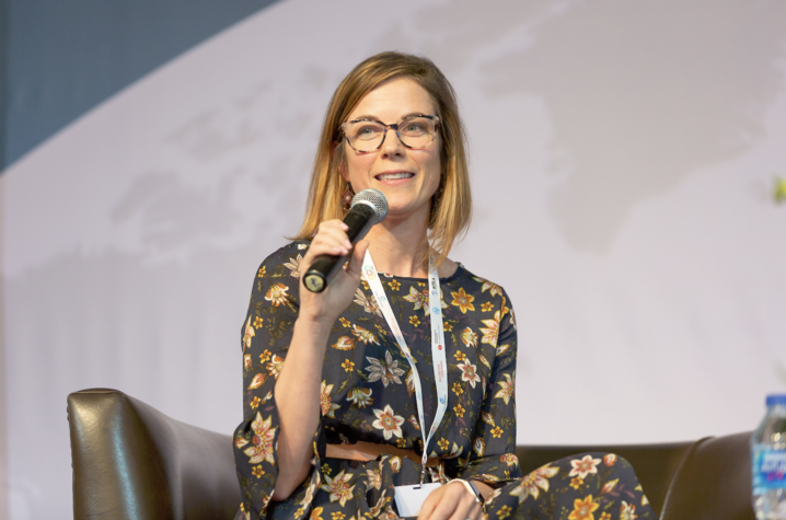 Zimmerman speaking on gender-inclusive payment systems at the Financial Inclusion Global Initiative summit in Cairo, Egypt.