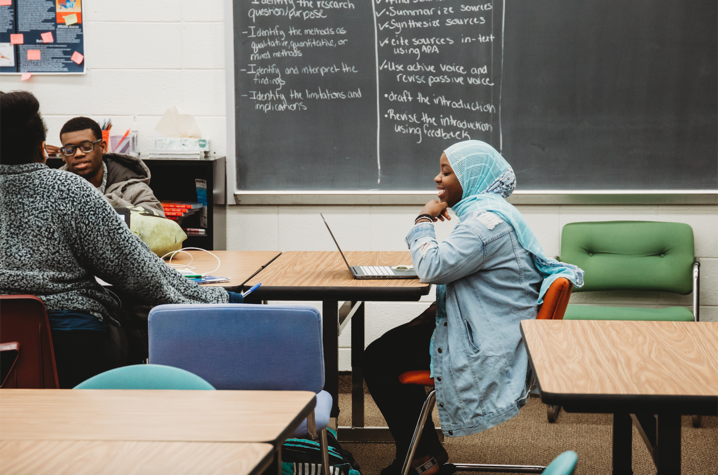 Aisha Ndayishimiye, a Fayette County STEAM Academy senior and UK Next Generation Scholar, interacted on Zoom with Sy Bridenbaugh, a UK College of Education instructor teaching a college preparedness course in UK's dual credit program (pre Covid-19)