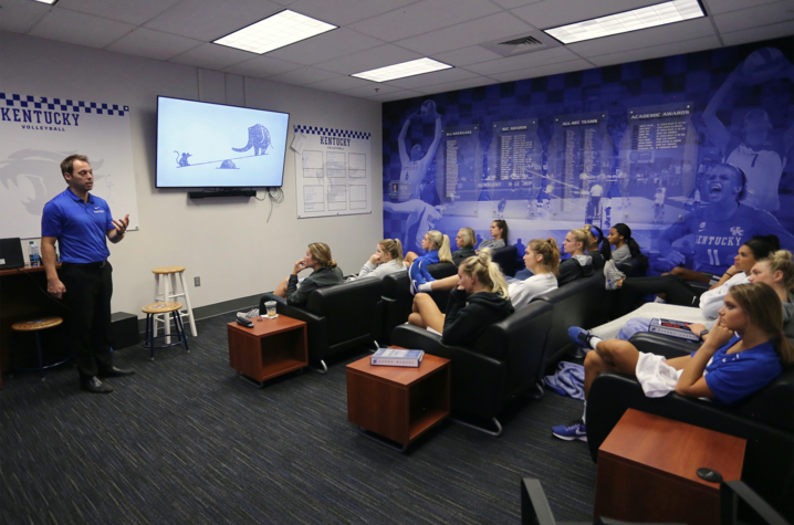 Marc Cormier talking to a group of student athletes. Photo provided by UK Athletics.