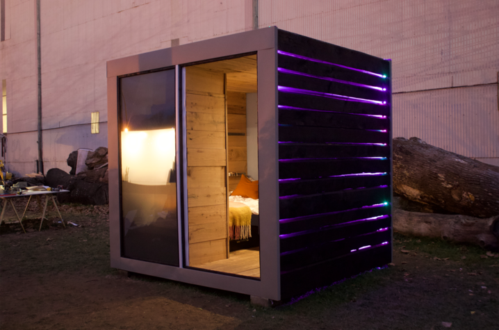 An 8'x8' shelter that includes the bare basics of a bed and shelves — built and designed by UK students Grace Butler, Lauren Davis, Jackie Russell and Chloe Kelley.