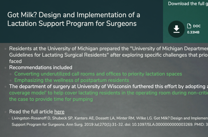 Screenshot of online training for designing and implementing a support program for breastfeeding surgeons