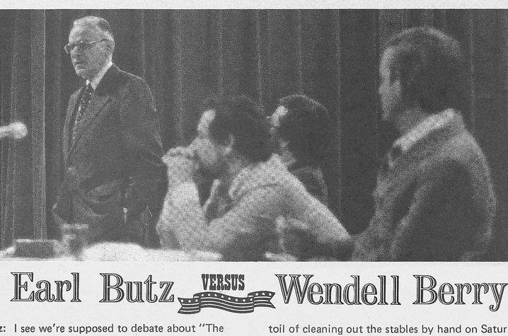 photo of article covering event attended by Earl Butz where Wendell Berry debated his message - "Look and See"